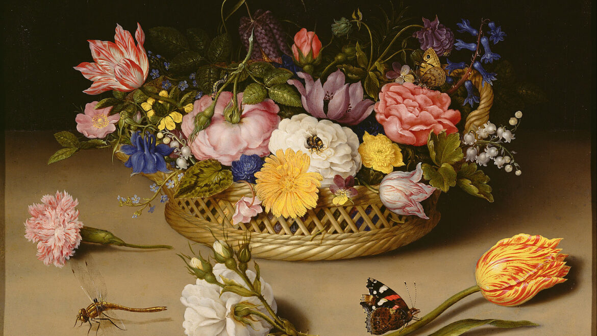 An oil painting of a basket full of flowers, with leaf cuttings interspersed throughout. The flowers are in shades of pink, blue, yellow, purple, orange, and white. There are three flowers which are on the table in front of the basket. One is a frilly pink rose, another is a white rose, and the third is a yellow tulip striped with orange lines. On top of the tulip is a black butterfly, and there is a dragonfly to the left of the white rose.