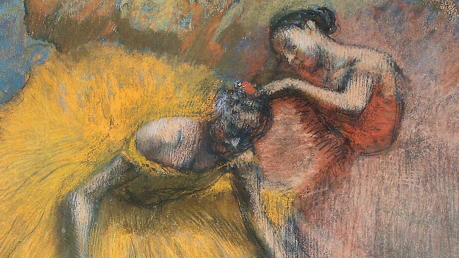 Painting of yellow and pink ballerinas by Edgar Degas