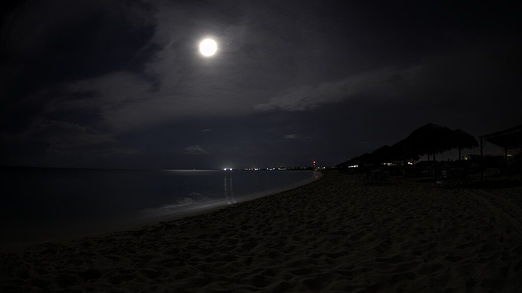 This is a dim photograph of a beach at night time with the moon peeking through the clouds.