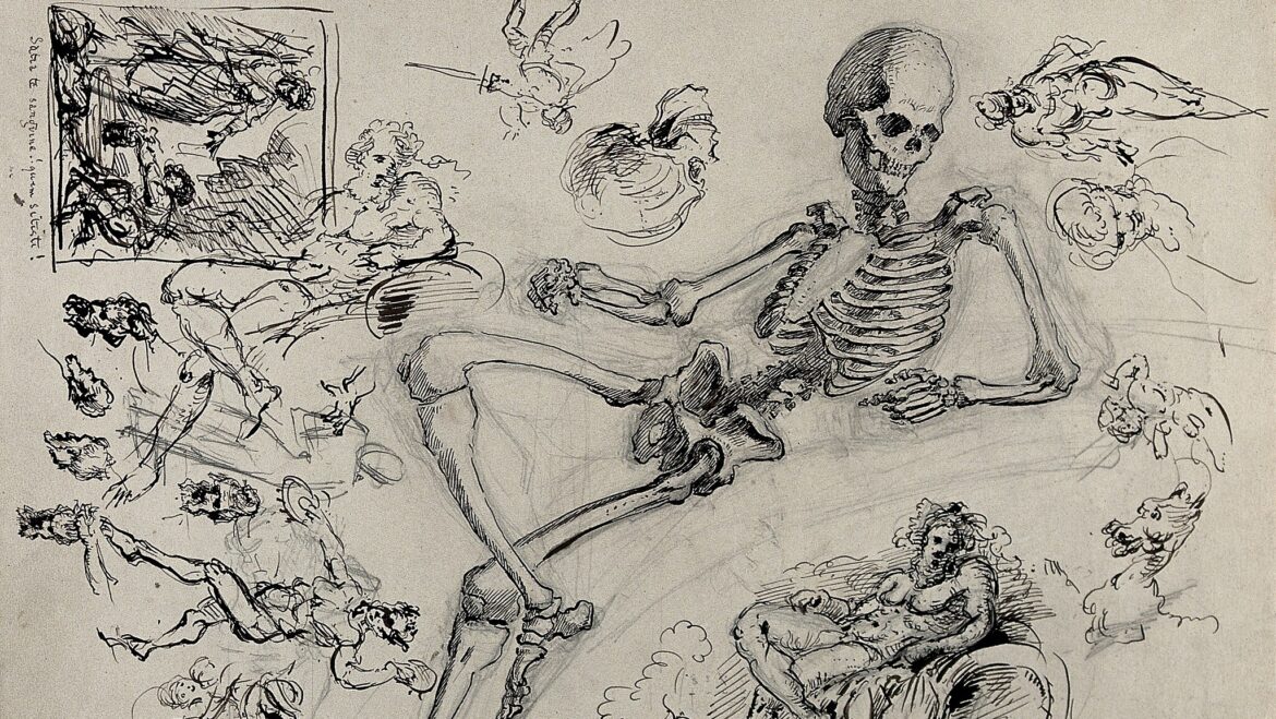 A pen and pencil drawing of a skeleton posed as a classical river god surrounded by bones