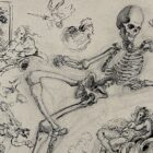 A pen and pencil drawing of a skeleton posed as a classical river god surrounded by bones