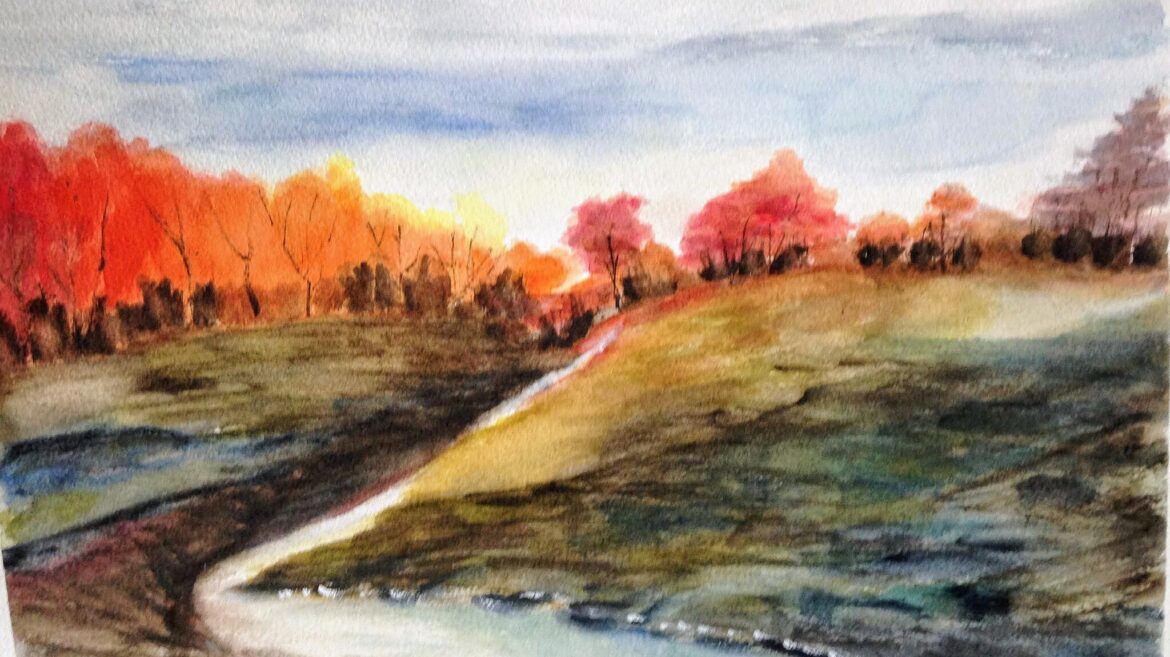 watercolor painting of hills with red and orange autumn trees