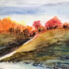 watercolor painting of hills with red and orange autumn trees