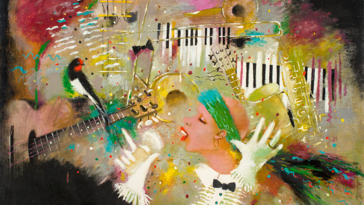 A pastel image of vibrant colors. In the center, there is a black woman with white gloves singing into a microphone. She is surrounded by blurry images of instruments, piano keyboards and a bird.