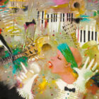 A pastel image of vibrant colors. In the center, there is a black woman with white gloves singing into a microphone. She is surrounded by blurry images of instruments, piano keyboards and a bird.